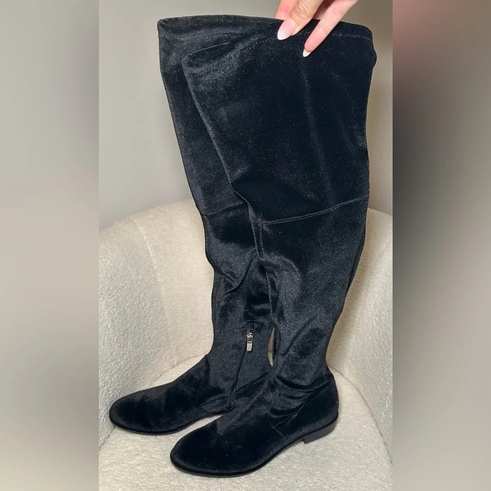 Marc Fisher Hulie boots black over the knee velvet type fall winter low heel 8.5